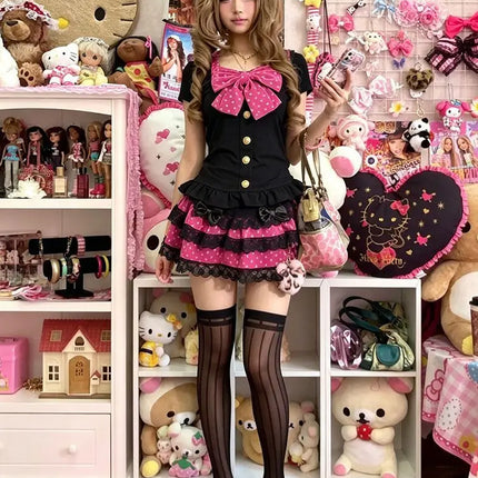 Himekaji Women's Dress Slim Y2k Polka Dot 2Piece Set Bow Top+Mini Skirt Punk Goth Basics Dresses Harajuku Summer Japanese Kawaii