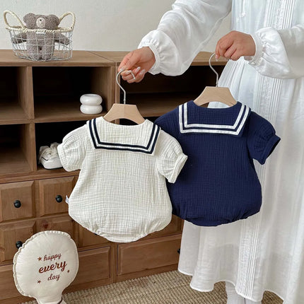 Summer Baby Boys and Girls Navy Collar Short-Sleeved Jumpsuit Newborn Fashion Large Lapel Jumpsuit for Going Out