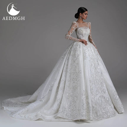 Aedmgh Ball Gown Shiny Wedding Dresses Boat Neck Long Sleeve Bride Dress Lace Beaded Sequined Glamorous Custom Made Bridal Gown