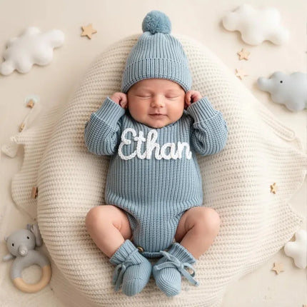 Personalized Name Baby Romper Autumn Winter Warm Knitted Sweater Jumpsuit Infant Outfit Hat Socks Set Newborn Clothes Gift
