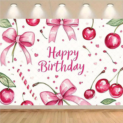 Checkered Cherry Butterfly Bow Theme Banner Background, Children's Birthday Party, Room Decoration Photography Background Cloth