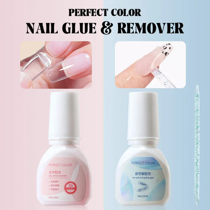 PERFECT COLOR Nail Glue and Nail Glue Remover, for Press On Nails Strong 15ml Nails Tips, No UV Lamp Needed