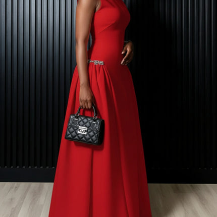 Women High Neck Sleeveless Fitted Floor Length Maxi Dress With Side Flared Detail For Formal Gala Wedding And Evening Party Occasion