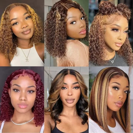 16 Inch Highlight Ombre Curly Bob Glueless Wig Human Hair Ready To Wear 250% Density 4x4 Deep Wave Lace Front Wigs Human Hair Colored Wig For Women