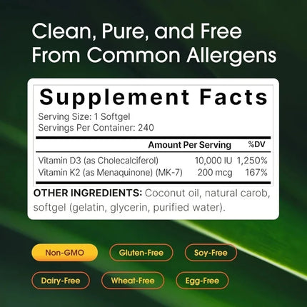 Vitamin D3 K2, 5000 IU D3 & 100mcg K2 MK-7, 240 Softgels with Coconut Oil, Bone & Immune Health Support Gluten Free Unflavored