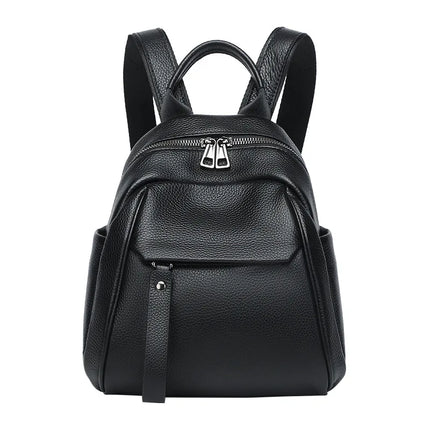 Women Black Genuine Cowhide Leather Backpack Anti Theft Hidden Zipper Casual Shoulder Bag with Front Pocket for Daily