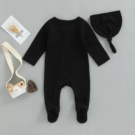 Baby Boys s Girl s Romper Set Round Neck Long Sleeve Button-Down Ribbed Feet Wrap Jumpsuit Hat