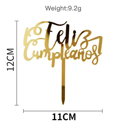 Acylic Feliz Cumpleanos Espanol Spanish Happy Birthday Cake Topper Gold Crown Design Cupcake Baking Supplies Party Decoration