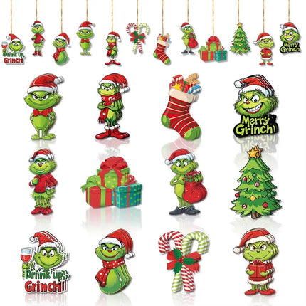 18Pcs 2D Wooden Christmas Tree Green Monsters Ornaments Cute Green Monsters Christmas Tree Pendants Christmas Cartoon Ornaments