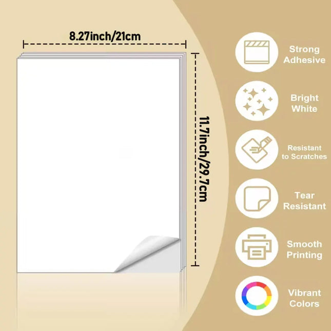 100 Sheets of A4 Glossy Self-Adhesive Stickers, Compatible with Inkjet and Laser Printers, Self-Adhesive, Durable and Waterproof