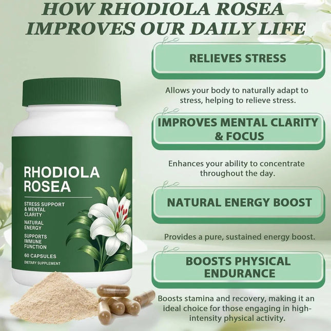 Natural Rhodiola Rosea Capsules Organic Adaptogenic Herb Extract Supplement for Stress Support Energy Balance - 500mg