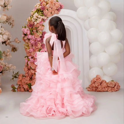Baby Pink Girl's Birthday Dress Flower Girl Dresses Ruffled Tiered High Low Wedding Party Prom Dress Customized
