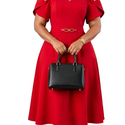 Mlaiscsr A-Line Midi Dress for Women V Neck Puff Sleeve Elegant Work Dress with Belt Formal Flowy Office Church Special Occasion