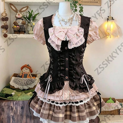Summer Women's Casual Dresses Japan Sweet Fashion Y2k Lolita Dresses 3-Piece Set 2000s Clothes Vintage Vest Bow Sexy Skirt Party