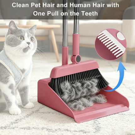 Pink 3 in 1 Broom Dustpan Set Foldable with Comb Adjustable Handle for Pet Hair Floor Cleaning