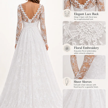 Elegant Lace Appliqué A-Line Wedding Dress for Women Long Sleeve Illusion V Neck Tulle Ball Gown with Pockets Floor Length Formal Evening Prom Dress