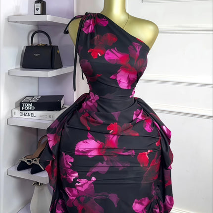 CM.YAYA Women Floral Printed One Shoulder Sleeveless Stacked Ruched Bodycon Midi Maxi Long Dress 2025 Sexy Party Evening Dresses