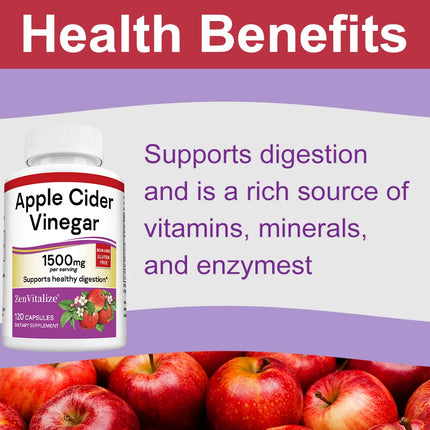 Apple Cider Vinegar Capsules, 1500mg, 120 Capsules, Non-GMO, Gluten Free Supplement, Support Digestive Health