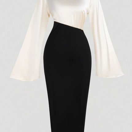 Women Maxi Dress Bell Sleeve Color Block Satin Bodycon Casual Dresses Elegant Spring Sexy Evening Wedding Guest Party Date Dress