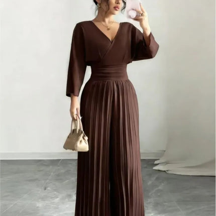 Women Spring Sexy Deep V-neck High-waisted Pleated Jumpsuit Fashion Solid Backless Slim Elegant Office Lady Wide-leg Jumpsuits