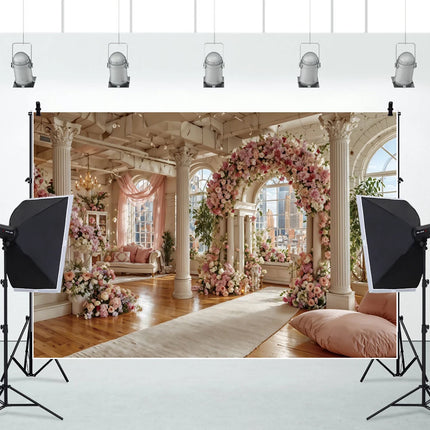 European Castle Window Wedding Backdrop Elegant Pink Rose Floral Arched Wall Photography Background for Birthday Party Decor