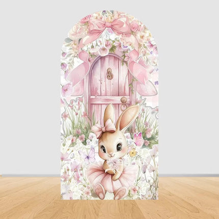 Pink bow cute rabbit arch background baby shower baby first birthday party layout background double-sidedprinting stretch fabric