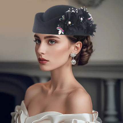 Vintage British Style Felt Turban Hat for Women, Floral Church Derby Headscarf & Soft Beret Headpiece