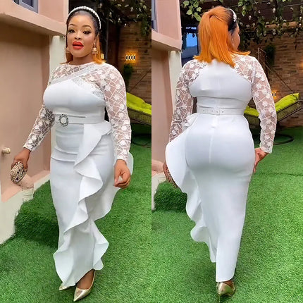 Cross-Border African Women's plus Size Heavy Embellished Party Long Dress Commute Casual Style High Waist Long Sleeve Dress