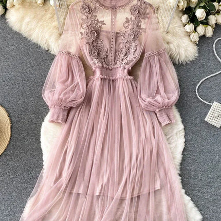 Ladies Dress Three-dimensional Flower Hook Mesh Temperament Stand Collar Lantern Sleeve High Waist Slim Female Dresses