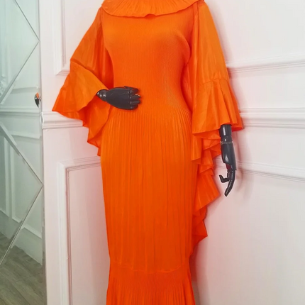 ANLAN 2024 Spring New Pleated Dress Fashion Lapel Ruffle Sleeves Solid Color Loose Dresses Elegant women's clothing 7AK30392