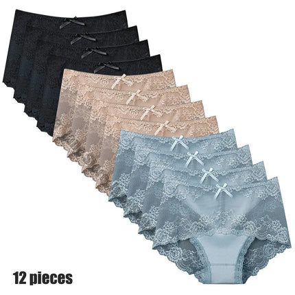 12 Pieces Women's Underwear Sexy Lace Panties Female Underpants  Comfy Elegant Briefs Transparent Light Breathable Lingerie