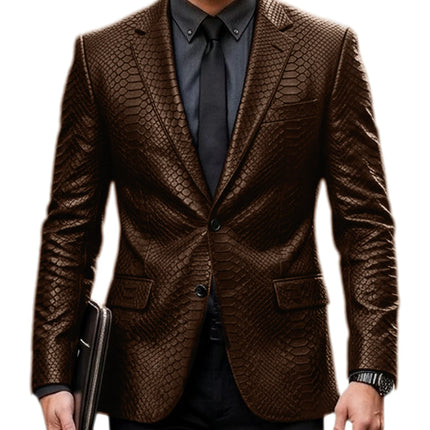 Men's Luxury Crocodile Pattern Leather Blazer Slim Fit Two Button Notch Lapel Suit Jacket Business Casual Wedding Tuxedo Dress