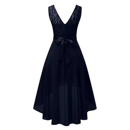 Female Dress Lace Dress Bow Belt Irregular Length  Wedding Guest Sleeveless Bridesmaid Cocktail Party Womens Dresses
