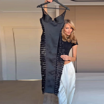 Sexy Cutout Lace Trim Satin Bodycon Midi Dress Women's Elegant Strap Slim Sleeveless Dresses Lady New Trend Club Date Night