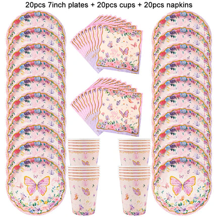 Butterfly Disposable Tableware Set Paper Plate Cup Napkins Pink Butterfly Birthday Party Decoration Baby Shower Wedding Supplies