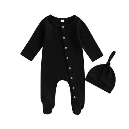 Baby Boys s Girl s Romper Set Round Neck Long Sleeve Button-Down Ribbed Feet Wrap Jumpsuit Hat