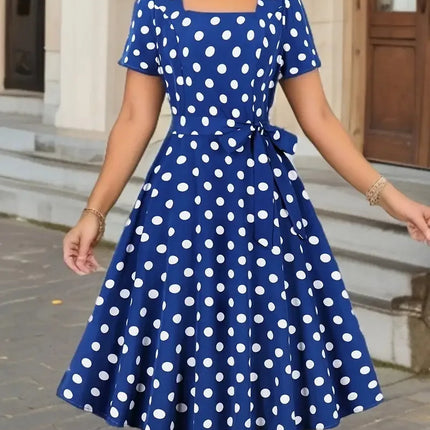 Woman Summer Elegant Midi Dress Fashion Polka Dot Print Short Sleeves High Waist Dresses Ladies Beautiful Square Collar Vestidos