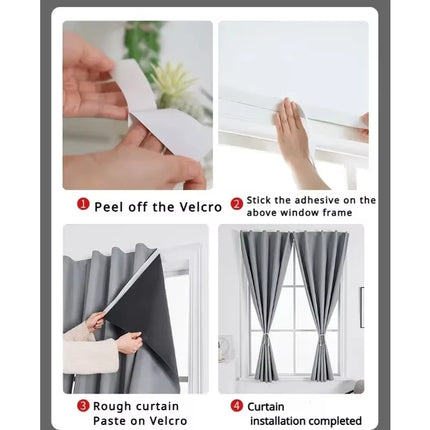 Easy Installation Adhesive 100% Blackout Curtains for Living Room Short Curtains Bedroom Kitchen Partitions Soundproofing