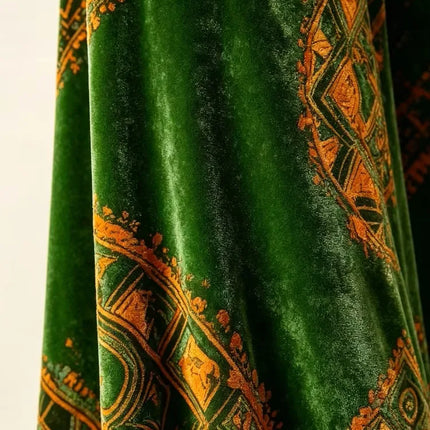 New style women's velvet wide-leg pants - high-waist, full-length, thick, soft, elastic, warm, anti-shrinkage. Green retro ethnic geometric print. Bohemian-style pocket design. Palace-style long pants suitable for festival pa