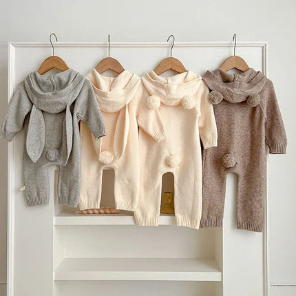 2024 New Autumn Winter Toddler Baby Boys Girl Knitted Romper Long Sleeved Solid Color Hooded Infant  Baby Knitted Jumpsuit