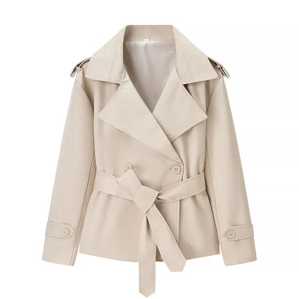 Women's Long-sleeve Collared Tie-front Jacket for Spring/Fall; A Stylish, Loose-fitting Coat.Available in Red,Apricot,Green,Blue