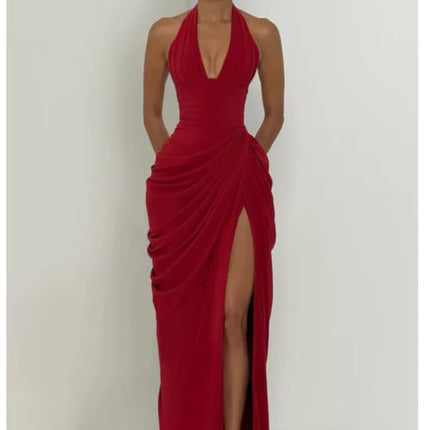 Solid Satin Cowl Neck Women's Dress Elegant Sleeveless Ruched Waist Fishtail Bodycon Lady Vestido 2026 Summer Party Dresses