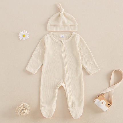 Newborn Baby Fall Footed Romper Solid Color Waffle Long Sleeve Crew Neck Zipper Jumpsuit with Hat