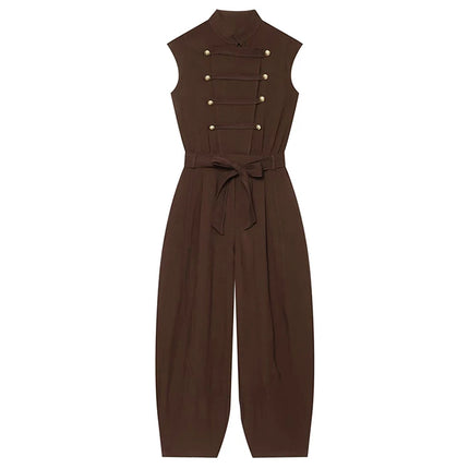 TFMLN Fashion Double Breasted Jumpsuits for Women Stand Collar Sleeveless High Waist Long Pants With Belt Elegant Rompers