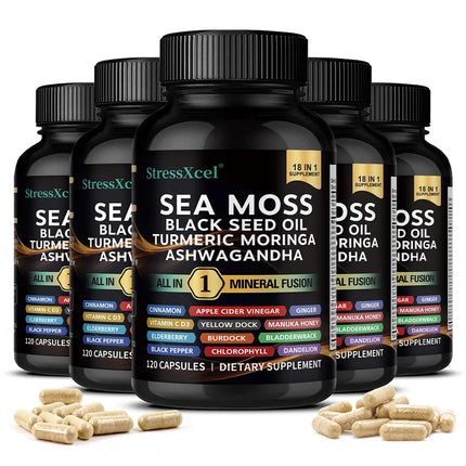 Sea Moss Capsules - Black Seed, Energy, Antioxidant, Endurance, Immune, Thyroid & Digestive Support, Detoxifying, Antioxidant