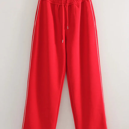 Women Sweatpants Cotton Red Side Striped Sports Pants Straight Elastic Waist Pants For Women Navy Blue Sweatpants With Stripe