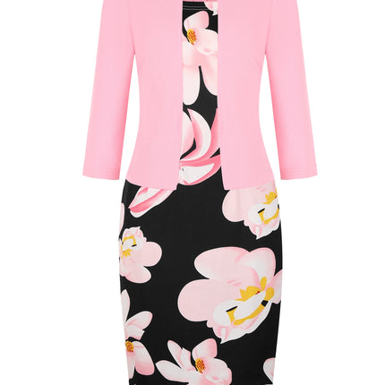 Womens Elegant Floral Print Patchwork Faux Work Office Knee Length 2/3 Sleeve Business Casual Party Pencil Bodycon Sheath Dress
