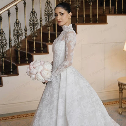 Lace Wedding Dresses High Neck Long Sleeve A Line Bride Dress Sweep Train Princess Bridal Gown Vestido De Novia Customized