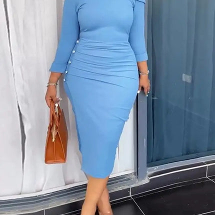 Womens Dresses 2025 Spring New Off The Shoulder Long Sleeve Bodycon Midi Dress Casual Waist Button Decor Ruched Work Dress