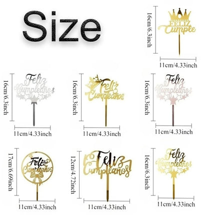 Acylic Feliz Cumpleanos Espanol Spanish Happy Birthday Cake Topper Gold Crown Design Cupcake Baking Supplies Party Decoration